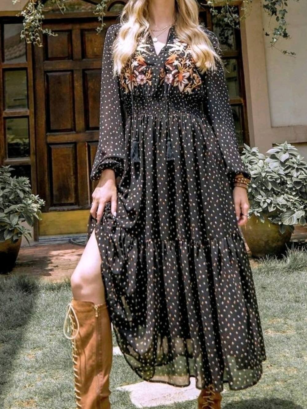Rustydusty Boho Black Floral Embroidered Polka Dot Maxi Dress size 1XL